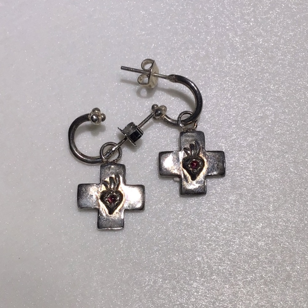 Sterling Silver and Garnet Cross Earrings